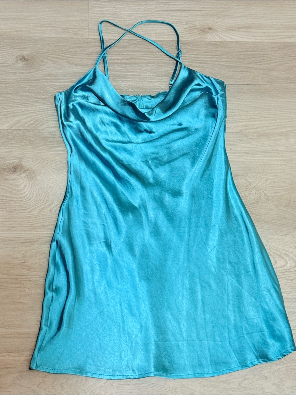 glam Teal Blue/Turquoise Satin Cowl-Neck Slip Camisole Dress